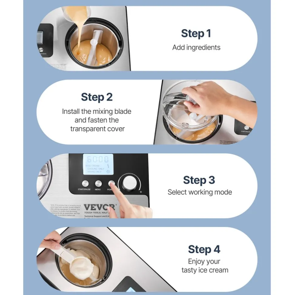 VEVOR Automatic Ice Cream Maker with Built-in Compressor, 2 Quart No Pre-freezing Fruit Yogurt Machine, Stainless Steel Electric Sorbet Maker, 3 Modes Gelato Maker with LCD Display & Timer, Silver