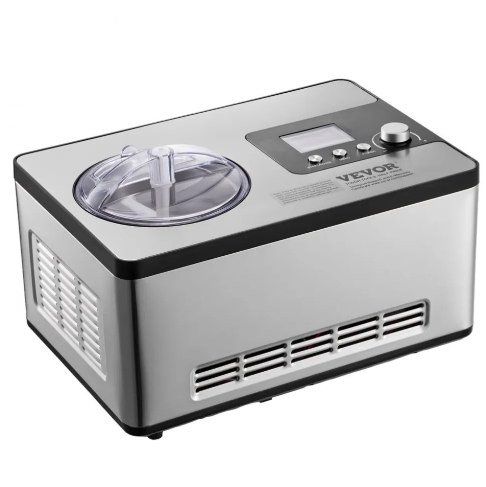 VEVOR Automatic Ice Cream Maker with Built-in Compressor, 2 Quart No Pre-freezing Fruit Yogurt Machine, Stainless Steel Electric Sorbet Maker, 3 Modes Gelato Maker with LCD Display & Timer, Silver