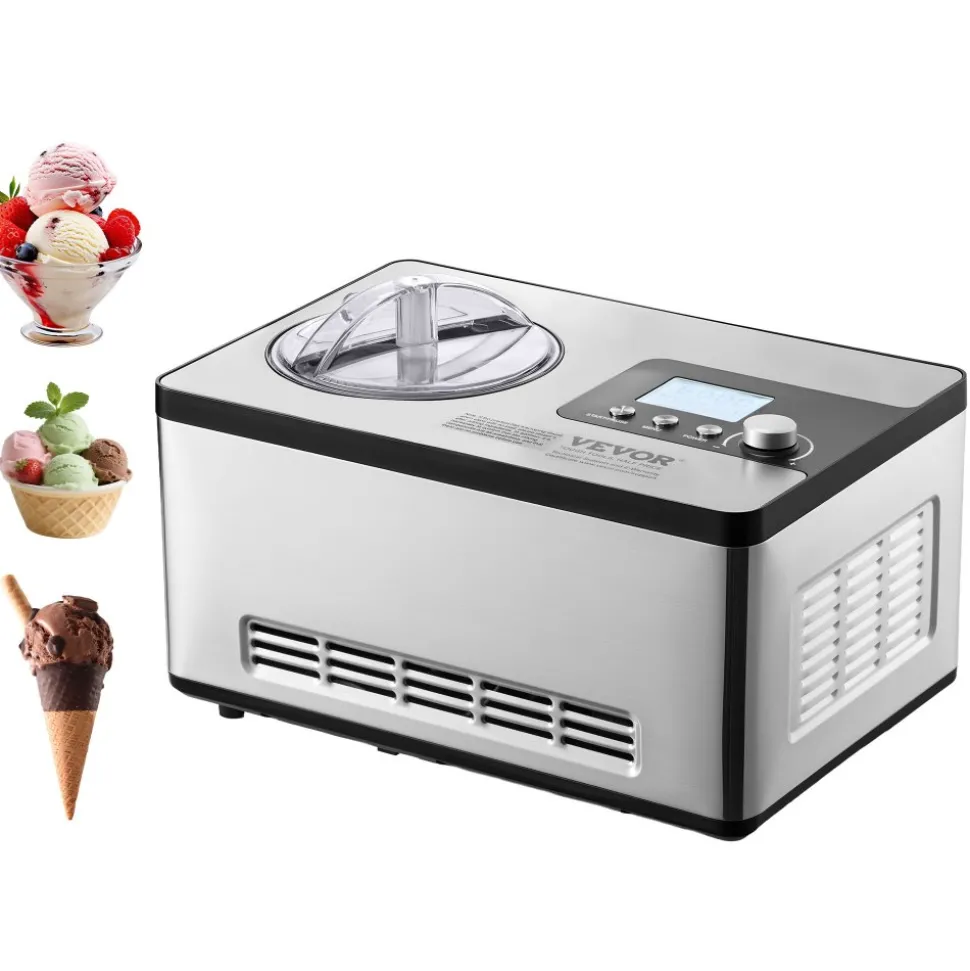 VEVOR Automatic Ice Cream Maker with Built-in Compressor, 2 Quart No Pre-freezing Fruit Yogurt Machine, Stainless Steel Electric Sorbet Maker, 3 Modes Gelato Maker with LCD Display & Timer, Silver