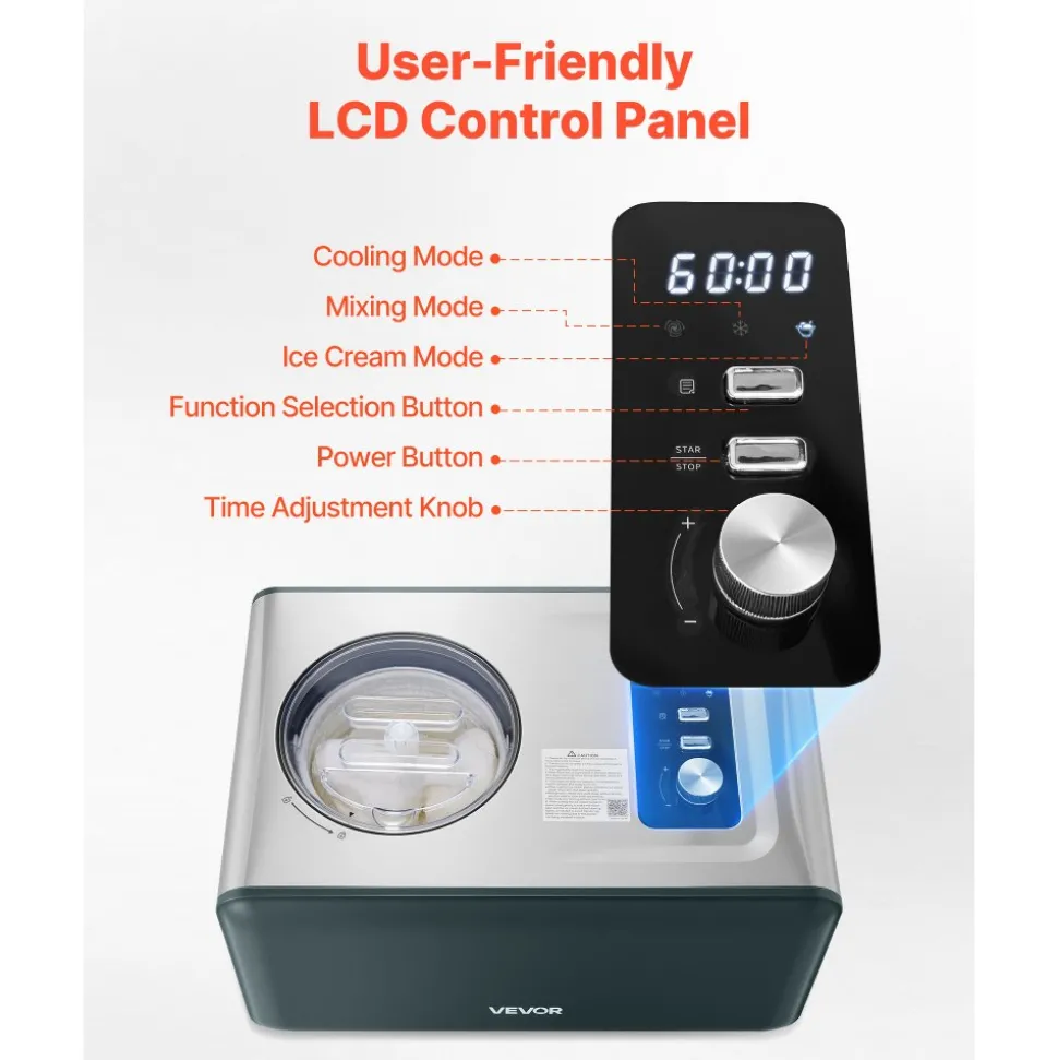VEVOR Automatic Ice Cream Maker with Built-in Compressor, 1.5 Quart No Pre-freezing Gelato Maker, Electric Sorbet-Maker, 3 Modes Compressor Ice Cream Machine for Home Kitchen