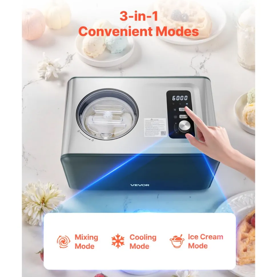 VEVOR Automatic Ice Cream Maker with Built-in Compressor, 1.5 Quart No Pre-freezing Gelato Maker, Electric Sorbet-Maker, 3 Modes Compressor Ice Cream Machine for Home Kitchen