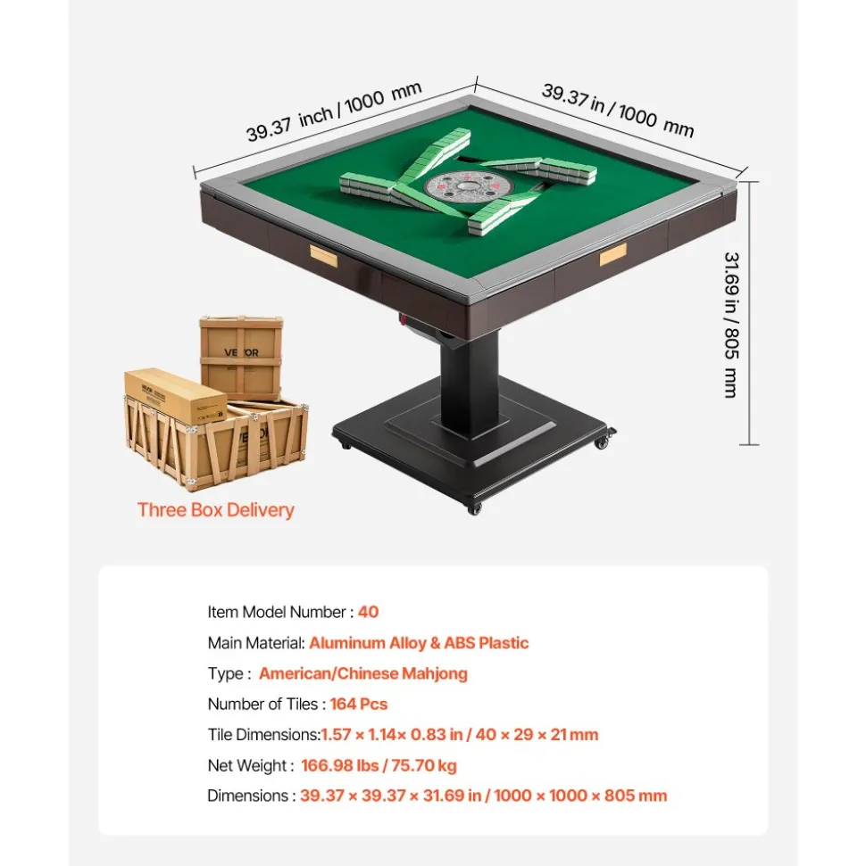 VEVOR Automatic Mahjong Table with Wheels, 2 Sets of 40 mm Tiles (164 Pcs), Roller Coaster Style Mahjong-Table, Foldable and Automatic Shuffler, for Home, Outdoor Leisure & Gifts for Mahjong Players