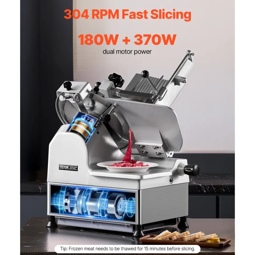 VEVOR Automatic Meat Slicer, 180W + 370W Deli Slicer with a 12 inch Premium 65Mn Blade, 0-0.3 inch Adjustable Thickness, Electric Food Slicer Machine for Meat, Vegetables, Hard Bread, and Cheese