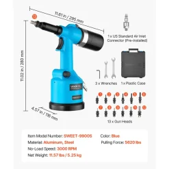 VEVOR Automatic Pneumatic Rivet Nut Gun Kit with 13PCS SAE & Metric Gun Heads, Industrial-Grade 5620LBS Pulling Force, Air Rivet Nut Tool for Automotive, Construction, Industrial Manufacturing