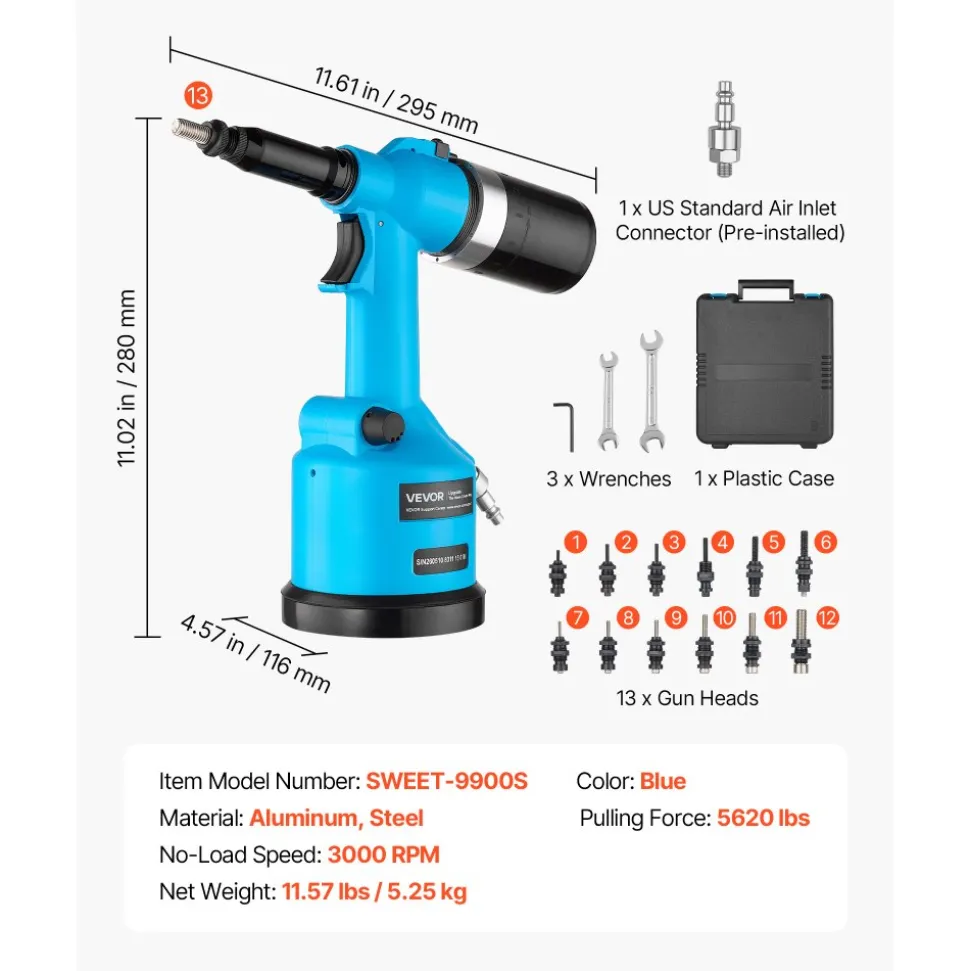 VEVOR Automatic Pneumatic Rivet Nut Gun Kit with 13PCS SAE & Metric Gun Heads, Industrial-Grade 5620LBS Pulling Force, Air Rivet Nut Tool for Automotive, Construction, Industrial Manufacturing