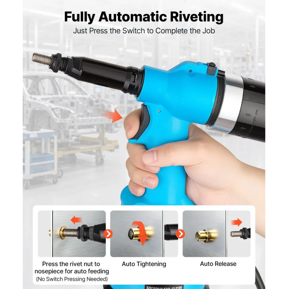 VEVOR Automatic Pneumatic Rivet Nut Gun Kit with 13PCS SAE & Metric Gun Heads, Industrial-Grade 5620LBS Pulling Force, Air Rivet Nut Tool for Automotive, Construction, Industrial Manufacturing