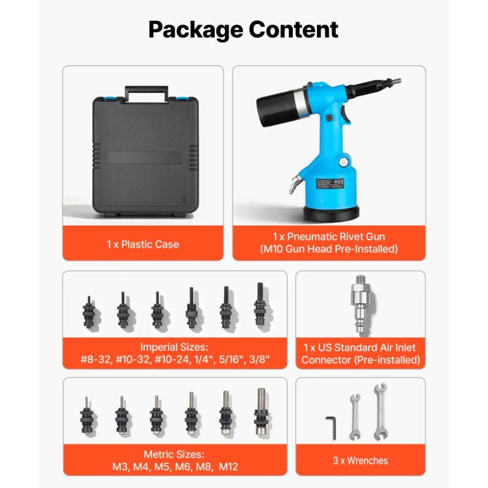 VEVOR Automatic Pneumatic Rivet Nut Gun Kit with 13PCS SAE & Metric Gun Heads, Industrial-Grade 5620LBS Pulling Force, Air Rivet Nut Tool for Automotive, Construction, Industrial Manufacturing