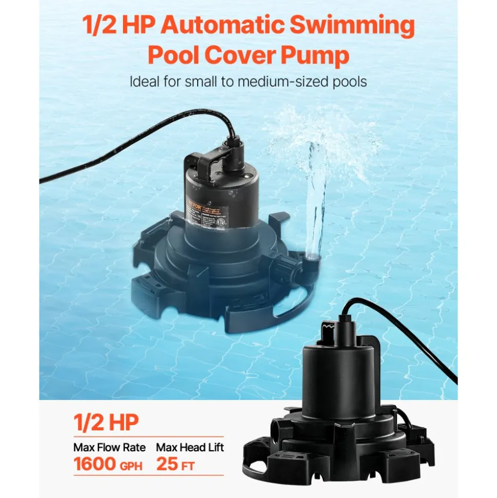 VEVOR Automatic Pool Cover Pump, 1/2 HP 1600 GPH, 120V Submersible Swimming Pool Cover Pump with 25 ft Power Cord, 25 ft Max Head Lift, Water Removal and Transfer Pump, for Pool Draining Hot Tubs