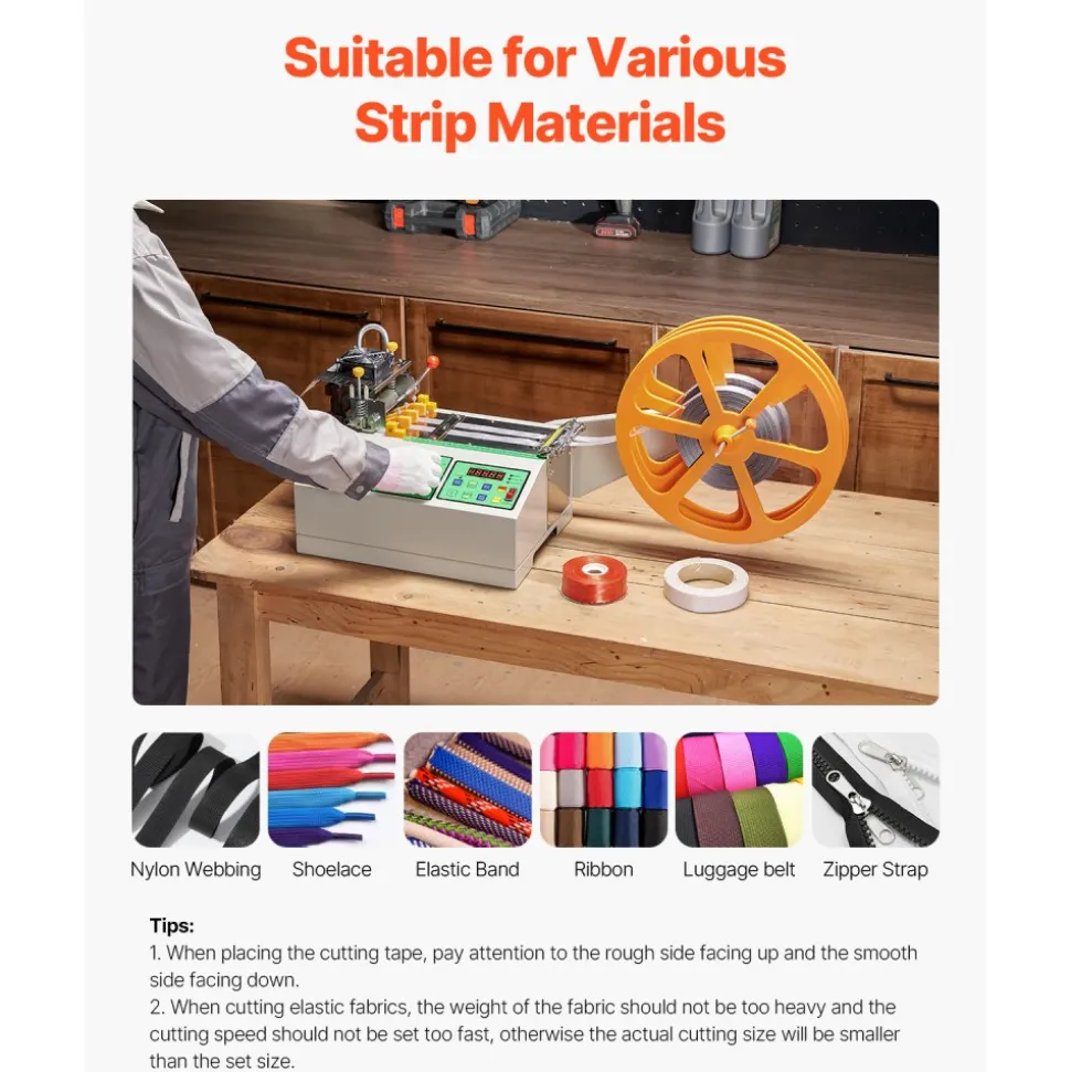 VEVOR Automatic Webbing Cutting Machine, Hot and Cold Ribbon Cutting Machine with Adjustable Temperature and LCD Display, Zipper Tapes Cutter for Nylon Webbing, Elastic Bands, Shoelaces