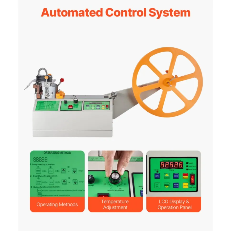 VEVOR Automatic Webbing Cutting Machine, Hot and Cold Ribbon Cutting Machine with Adjustable Temperature and LCD Display, Zipper Tapes Cutter for Nylon Webbing, Elastic Bands, Shoelaces
