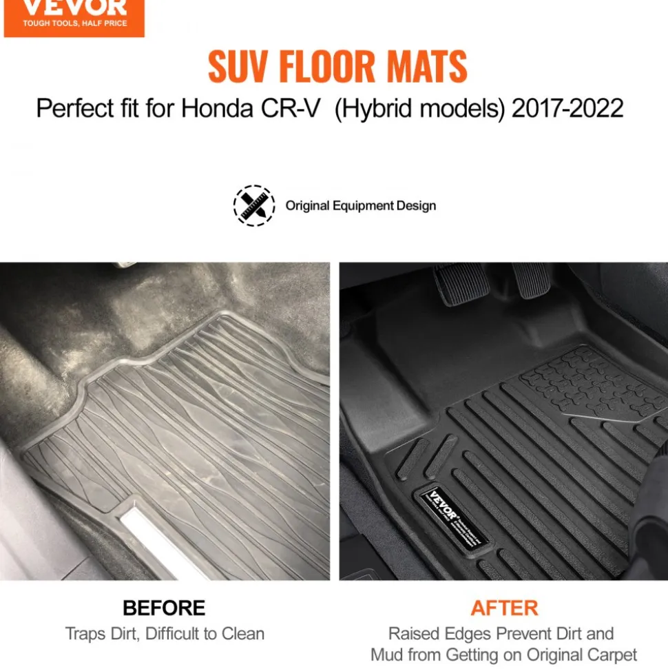 VEVOR Automotive Floor Mats, Fits for Honda CR-V (Hybrid Models) 2017-2022, 3 pcs Front and 2nd Row Liners, All Weather Custom Fit TPE Vehicle Floor Mats, Easy to Clean Floor Liners for SUV, Black