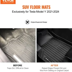 VEVOR Automotive Floor Mats, Fits for Tesla Model Y 2021-2024, 3 pcs Front and 2nd Row Liners, All Weather Custom Fit TPE Vehicle Floor Mats, Easy to Clean and Secure Floor Liners for SUV, Black