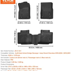 VEVOR Automotive Floor Mats, Fits for Dodge Ram 1500 Crew Cab 2019-2024, 3 pcs Front and 2nd Row Liners, All Weather Custom Fit TPE Vehicle Floor Mats, Easy to Clean Floor Liners for Trucks, Black