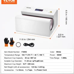 VEVOR Auto Tumbler Heat Press Machine, Mug Heat Press for 11-30oz Sublimation Tumblers, Heat Up Fast and Even, Tumbler Press with Tape and Glove, Temp and Time Setting, for Tumblers, Cups, Mugs, White
