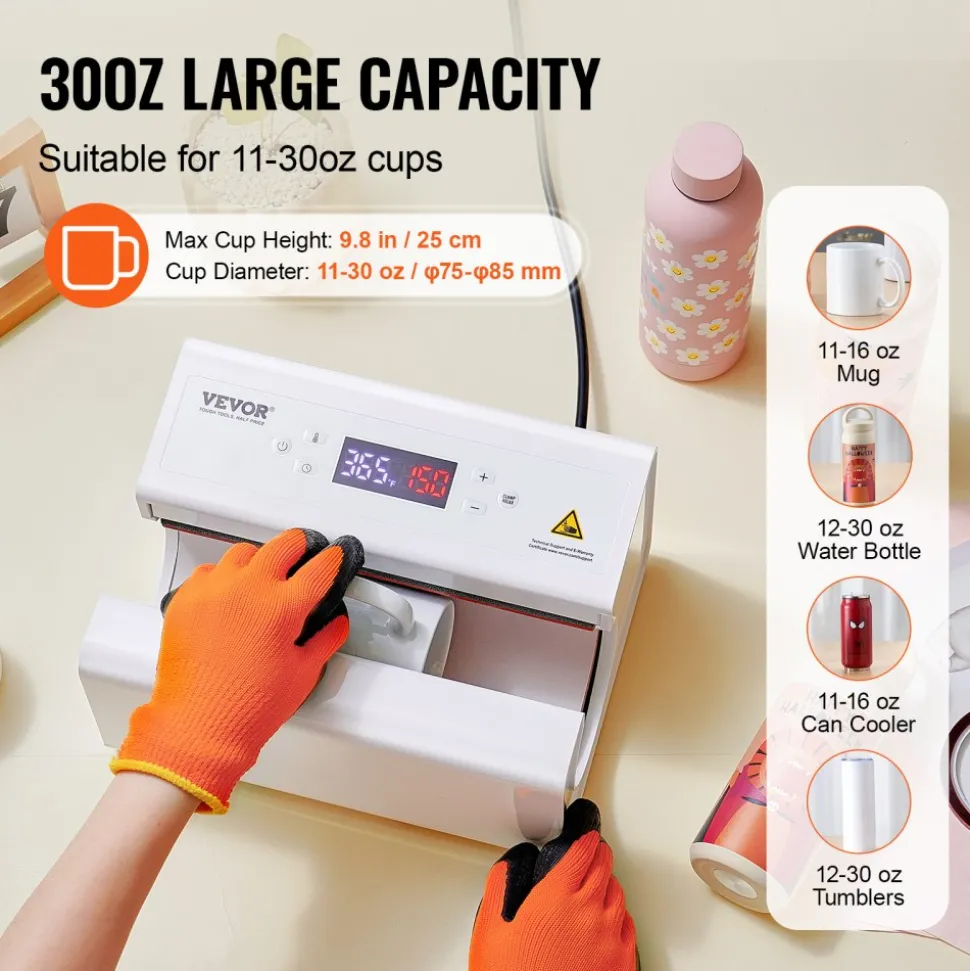 VEVOR Auto Tumbler Heat Press Machine, Mug Heat Press for 11-30oz Sublimation Tumblers, Heat Up Fast and Even, Tumbler Press with Tape and Glove, Temp and Time Setting, for Tumblers, Cups, Mugs, White