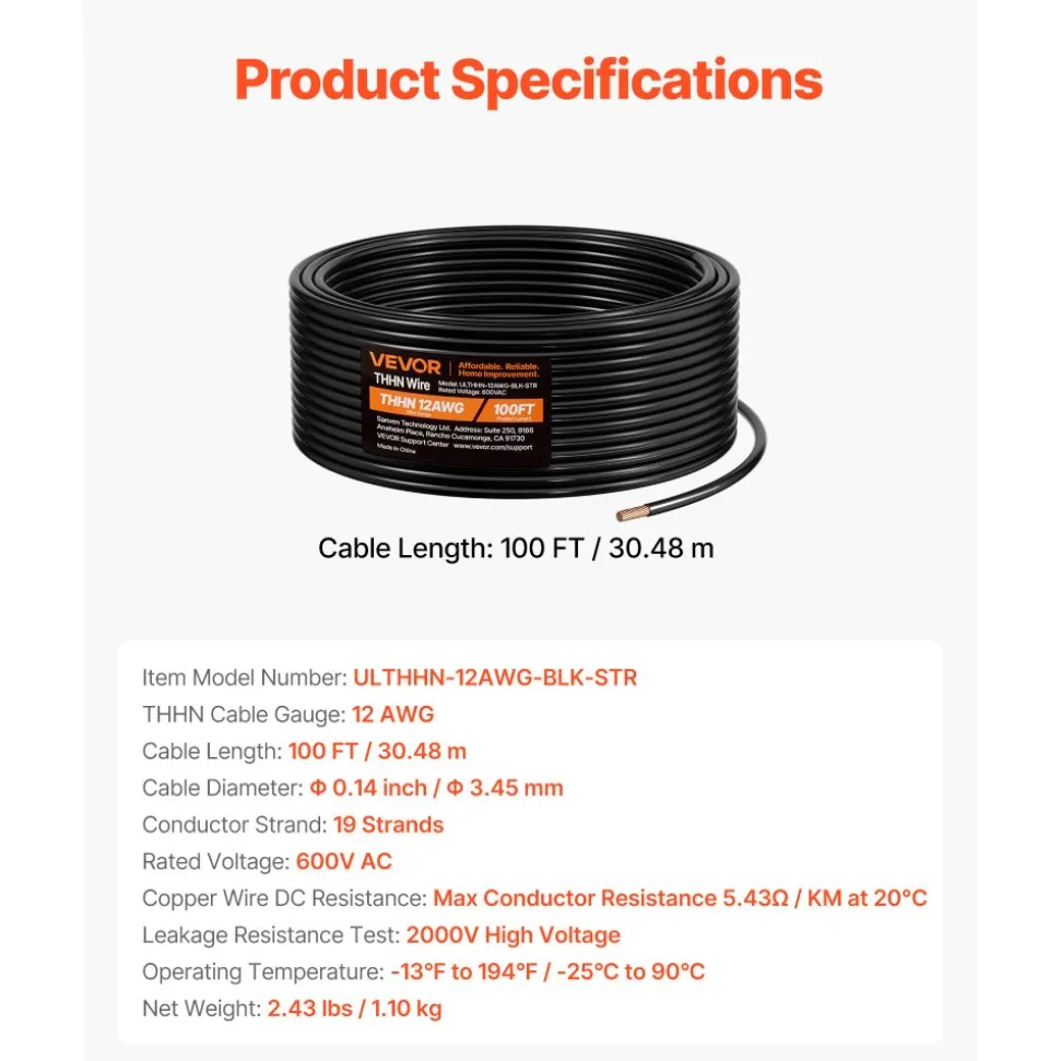 VEVOR 12 AWG THHN Wire, 19-Stranded, 100% OFC Copper Electrical Building Wire with Nylon Jacket, Rated for Up to 600 Volts, for Indoor Outdoor Use, Commercial, Industrial, Residential, Black (100 ft)