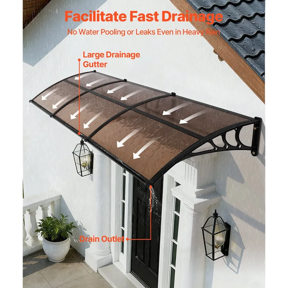 VEVOR Awnings for Door Entrance, 38 x 117 in, Exterior Front Door Window Awnings with Drainage & ABS Bracket, Rain Snow Sun Protection, Overhang Polycarbonate Door Canopy for Porch Patio, Clear