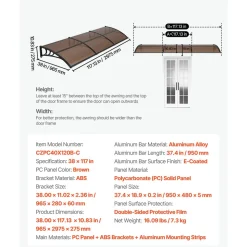 VEVOR Awnings for Door Entrance, 38 x 117 in, Exterior Front Door Window Awnings with Drainage & ABS Bracket, Rain Snow Sun Protection, Overhang Polycarbonate Door Canopy for Porch Patio, Clear