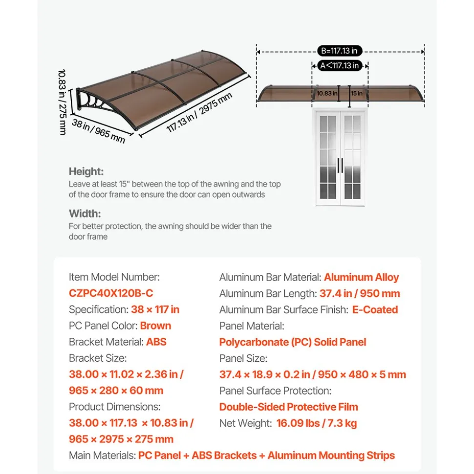 VEVOR Awnings for Door Entrance, 38 x 117 in, Exterior Front Door Window Awnings with Drainage & ABS Bracket, Rain Snow Sun Protection, Overhang Polycarbonate Door Canopy for Porch Patio, Clear