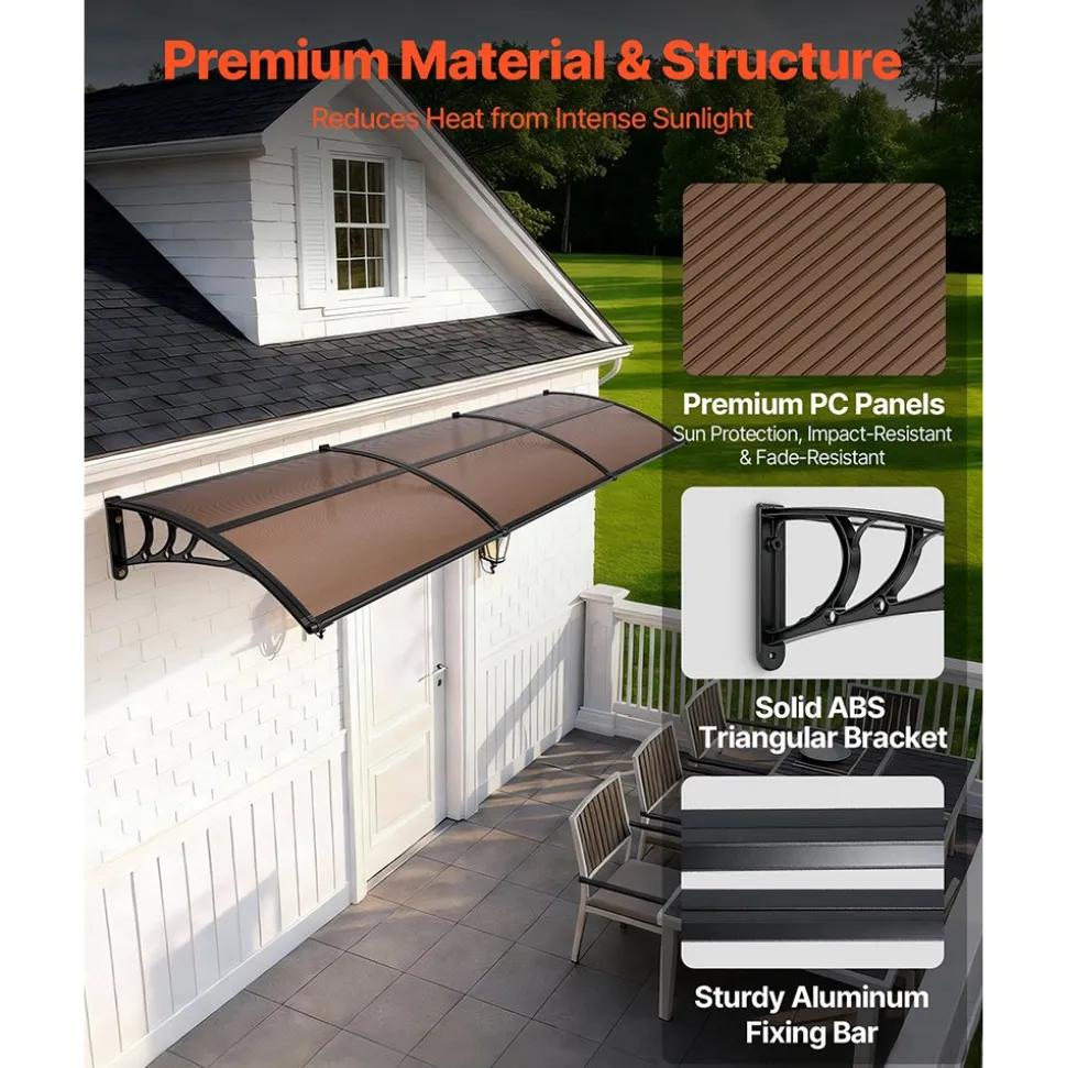 VEVOR Awnings for Door Entrance, 38 x 117 in, Exterior Front Door Window Awnings with Drainage & ABS Bracket, Rain Snow Sun Protection, Overhang Polycarbonate Door Canopy for Porch Patio, Clear