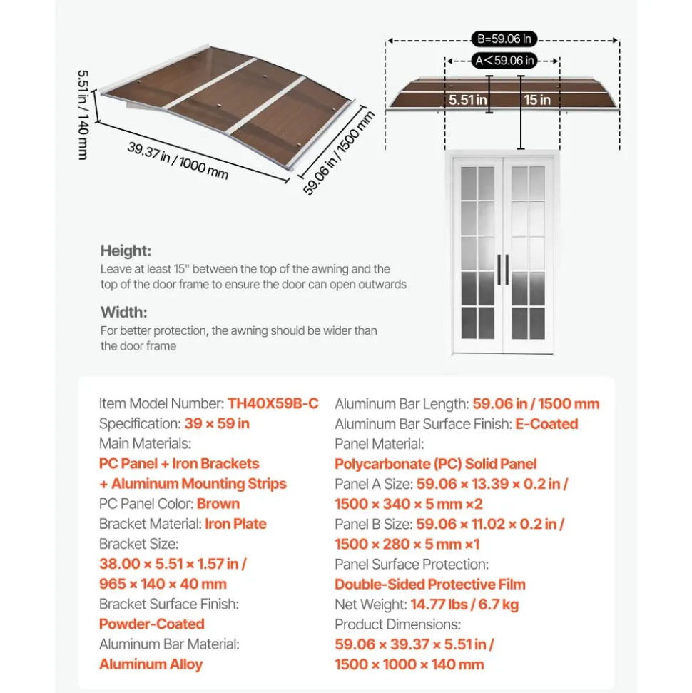 VEVOR Awnings for Door Entrance, 37 x 47 in, Exterior Front Door Window Awnings with Drainage & ABS Bracket, Rain Snow Sun Protection, Overhang Polycarbonate Door Canopy for Porch Patio, Brown