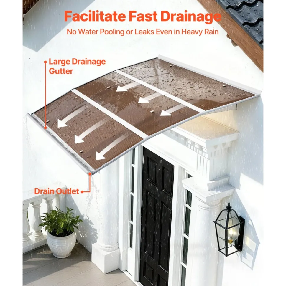 VEVOR Awnings for Door Entrance, 37 x 47 in, Exterior Front Door Window Awnings with Drainage & ABS Bracket, Rain Snow Sun Protection, Overhang Polycarbonate Door Canopy for Porch Patio, Brown