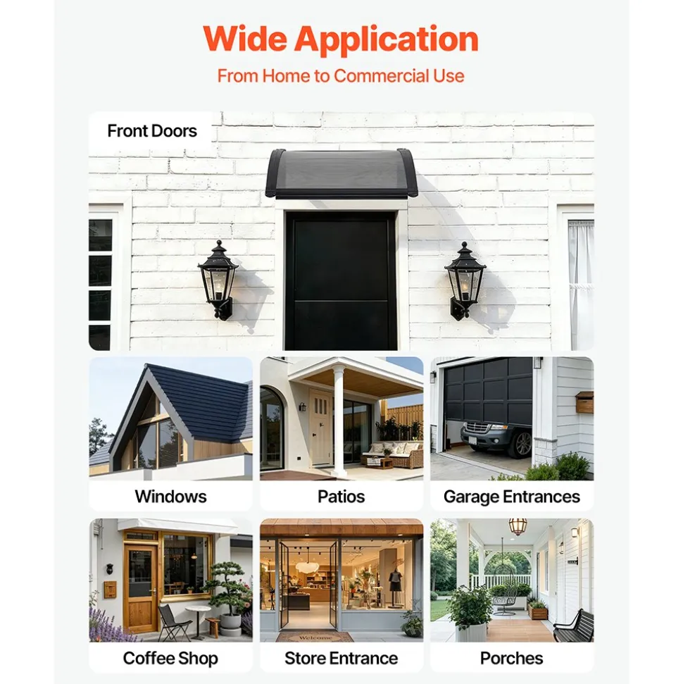 VEVOR Awnings for Door Entrance, 38 x 40 in, Exterior Front Door Window Awnings with Drainage & ABS Bracket, Rain Snow Sun Protection, Overhang Polycarbonate Door Canopy for Porch Patio, Smoky Gray