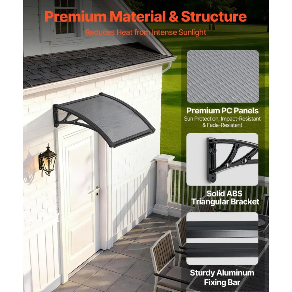 VEVOR Awnings for Door Entrance, 38 x 40 in, Exterior Front Door Window Awnings with Drainage & ABS Bracket, Rain Snow Sun Protection, Overhang Polycarbonate Door Canopy for Porch Patio, Smoky Gray