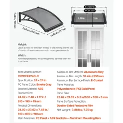 VEVOR Awnings for Door Entrance, 38 x 40 in, Exterior Front Door Window Awnings with Drainage & ABS Bracket, Rain Snow Sun Protection, Overhang Polycarbonate Door Canopy for Porch Patio, Smoky Gray