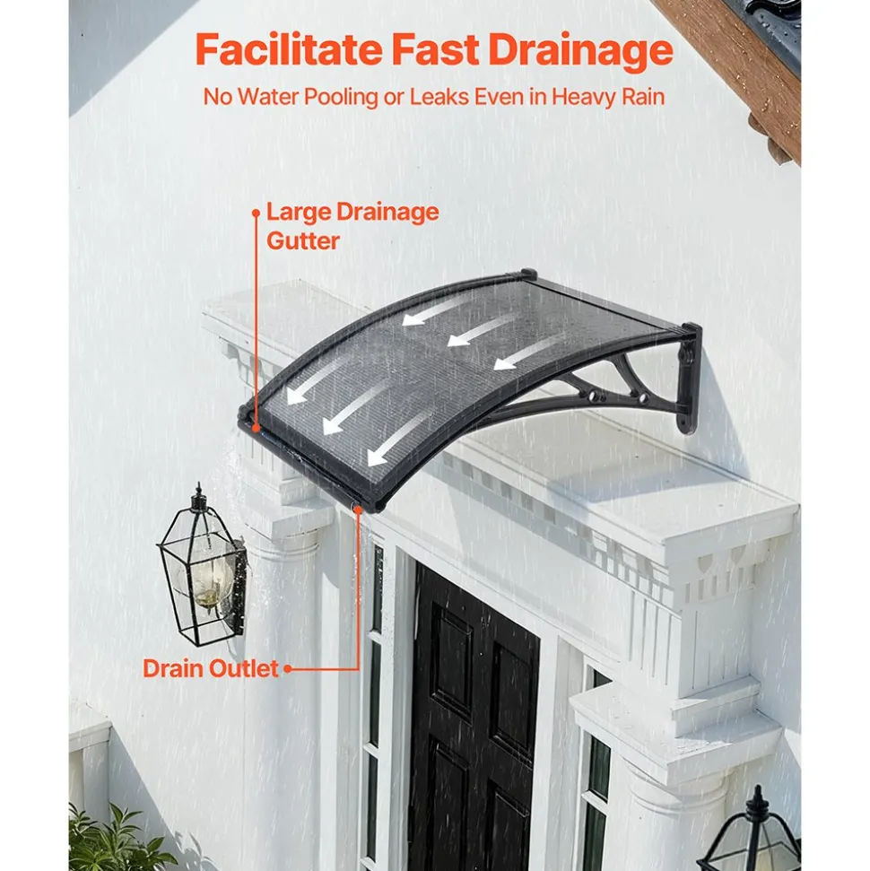 VEVOR Awnings for Door Entrance, 38 x 40 in, Exterior Front Door Window Awnings with Drainage & ABS Bracket, Rain Snow Sun Protection, Overhang Polycarbonate Door Canopy for Porch Patio, Smoky Gray