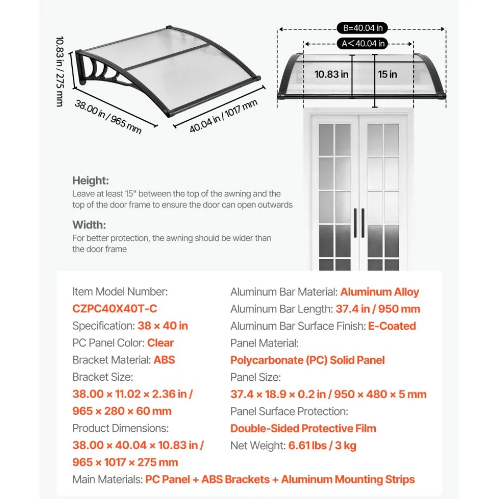VEVOR Awnings for Door Entrance, 38 x 40 in, Exterior Front Door Window Awnings with Drainage & ABS Bracket, Rain Snow Sun Protection, Overhang Polycarbonate Door Canopy for Porch Patio, Clear