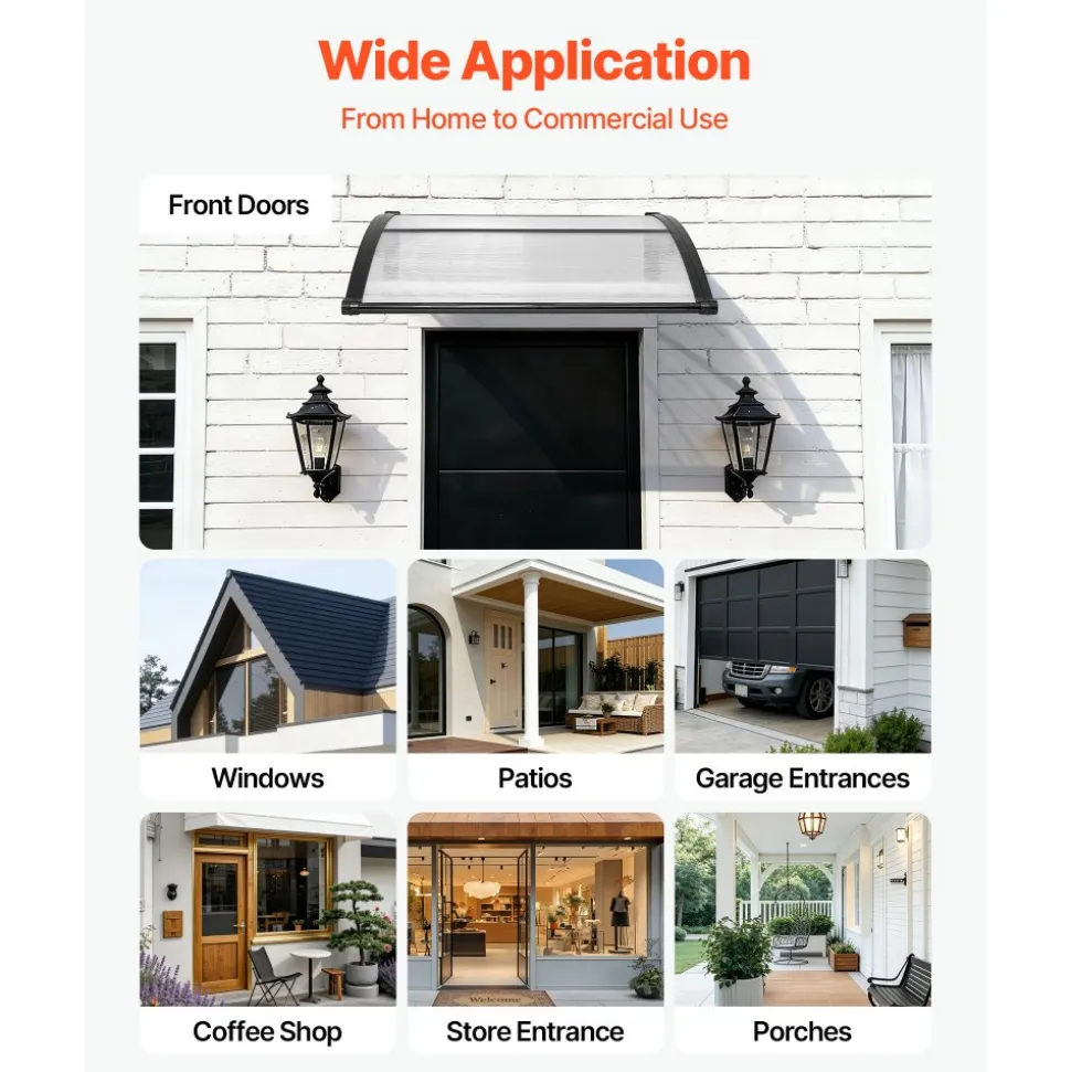 VEVOR Awnings for Door Entrance, 38 x 40 in, Exterior Front Door Window Awnings with Drainage & ABS Bracket, Rain Snow Sun Protection, Overhang Polycarbonate Door Canopy for Porch Patio, Clear