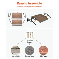 VEVOR Awnings for Door Entrance, 38 x 40 in, Exterior Front Door Window Awnings with Drainage & ABS Bracket, Rain Snow Sun Protection, Overhang Polycarbonate Door Canopy for Porch Patio, Brown