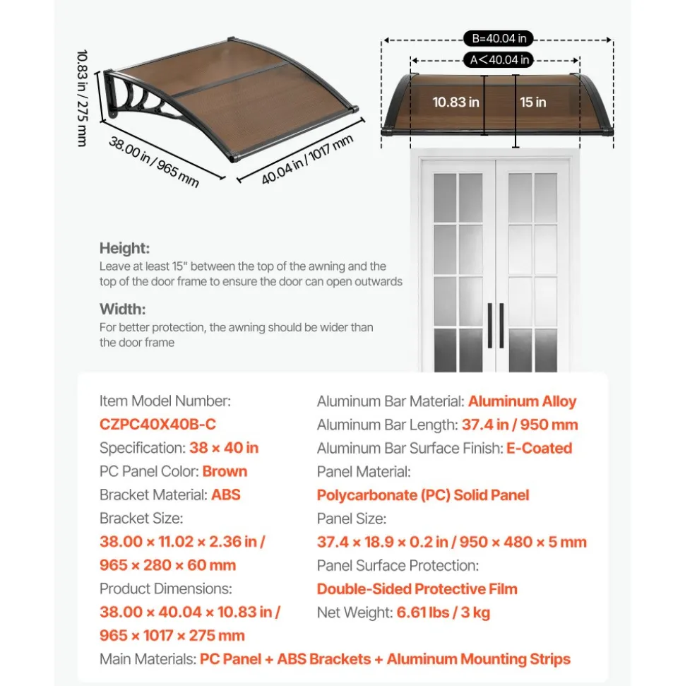 VEVOR Awnings for Door Entrance, 38 x 40 in, Exterior Front Door Window Awnings with Drainage & ABS Bracket, Rain Snow Sun Protection, Overhang Polycarbonate Door Canopy for Porch Patio, Brown