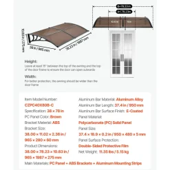 VEVOR Awnings for Door Entrance, 38 x 78 in, Exterior Front Door Window Awnings with Drainage & Metal Bracket, Rain Snow Sun Protection, Overhang Polycarbonate Door Canopy for Porch Patio, Brown