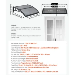 VEVOR Awnings for Door Entrance, 30 x 39 in, Exterior Front Door Window Awnings with Drainage & ABS Bracket, Rain Snow Sun Protection, Overhang Polycarbonate Door Canopy for Porch Patio, Smoky Gray