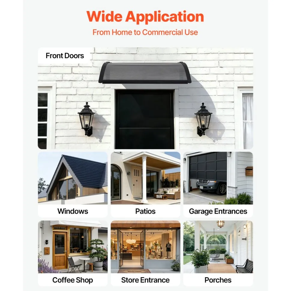 VEVOR Awnings for Door Entrance, 30 x 39 in, Exterior Front Door Window Awnings with Drainage & ABS Bracket, Rain Snow Sun Protection, Overhang Polycarbonate Door Canopy for Porch Patio, Smoky Gray