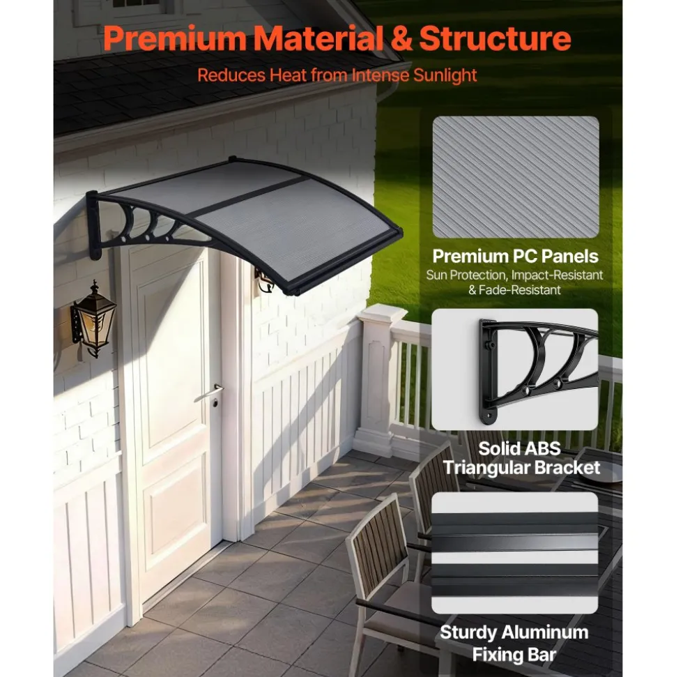 VEVOR Awnings for Door Entrance, 30 x 39 in, Exterior Front Door Window Awnings with Drainage & ABS Bracket, Rain Snow Sun Protection, Overhang Polycarbonate Door Canopy for Porch Patio, Smoky Gray