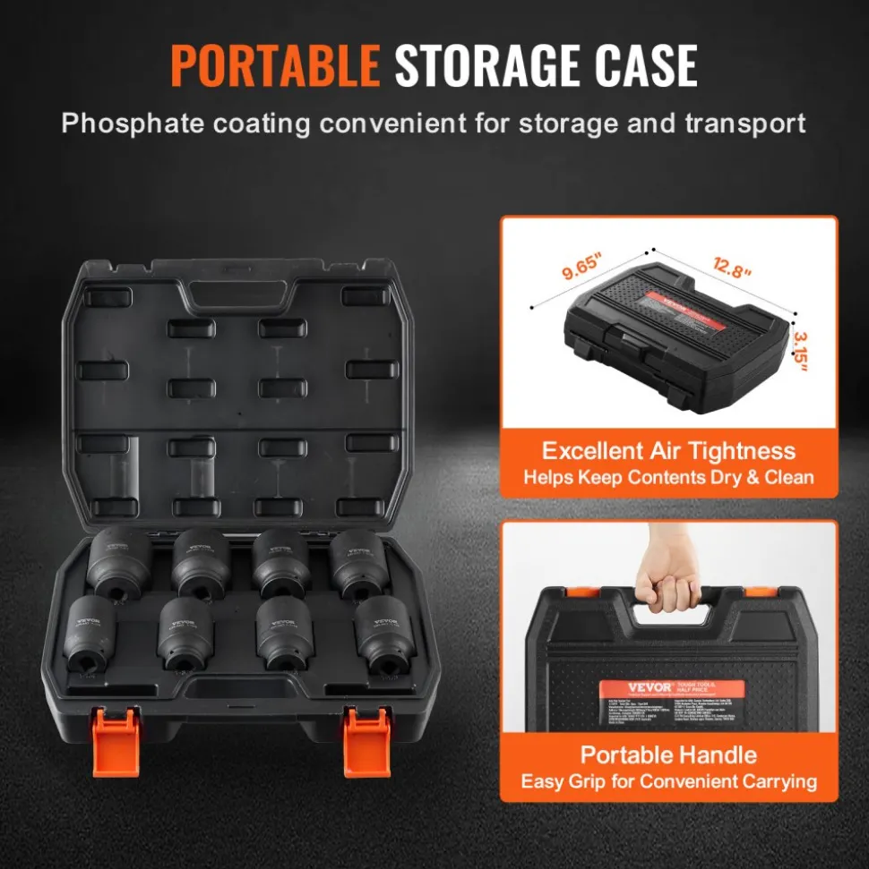 VEVOR Axle Nut Impact Socket Set, 1/2" Drive Deep 12-Point 8-Piece Metric Spindle Nut Socket Set, CR-MO Heat Treated Large Socket Set with Storage Case, Auto Repair, Removing or Installing Axle Nuts