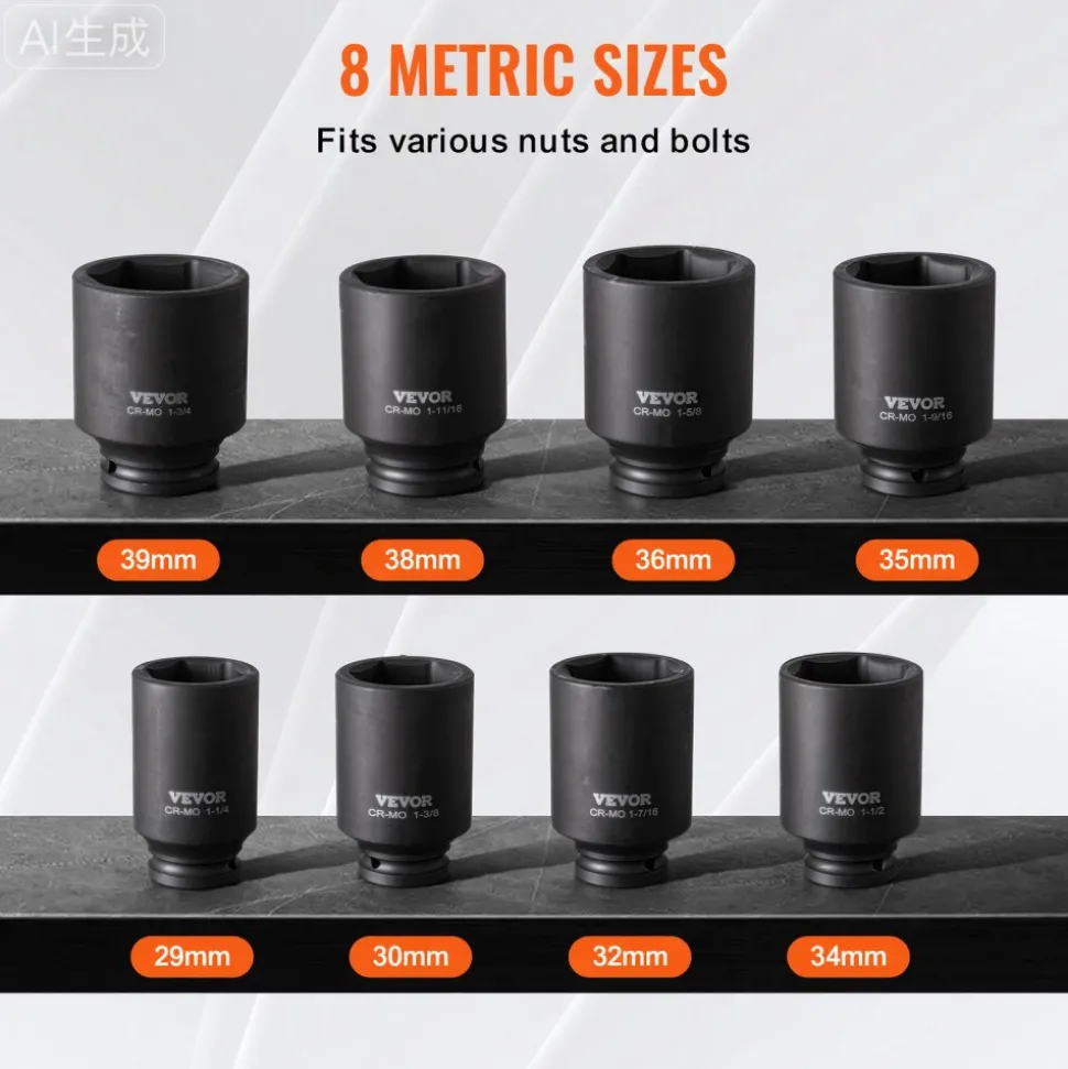 VEVOR Axle Nut Impact Socket Set, 1/2" Drive Deep 12-Point 8-Piece Metric Spindle Nut Socket Set, CR-MO Heat Treated Large Socket Set with Storage Case, Auto Repair, Removing or Installing Axle Nuts
