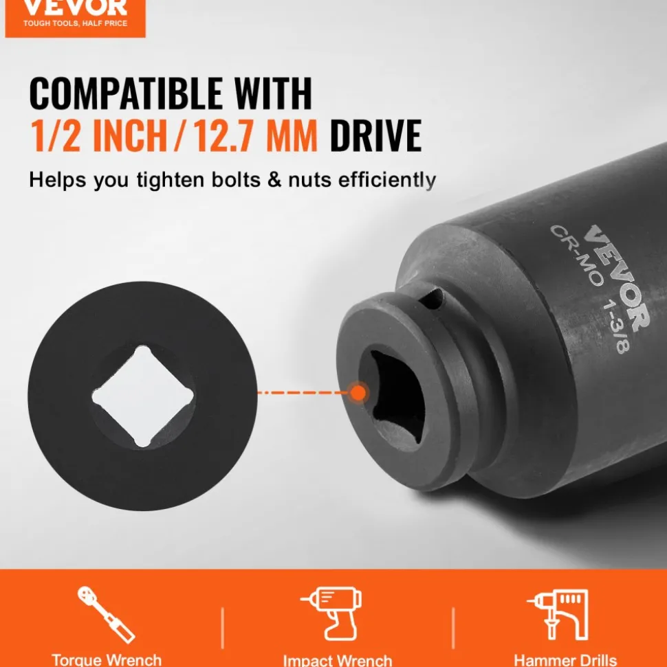 VEVOR Axle Nut Impact Socket Set, 1/2" Drive Deep 12-Point 8-Piece Metric Spindle Nut Socket Set, CR-MO Heat Treated Large Socket Set with Storage Case, Auto Repair, Removing or Installing Axle Nuts