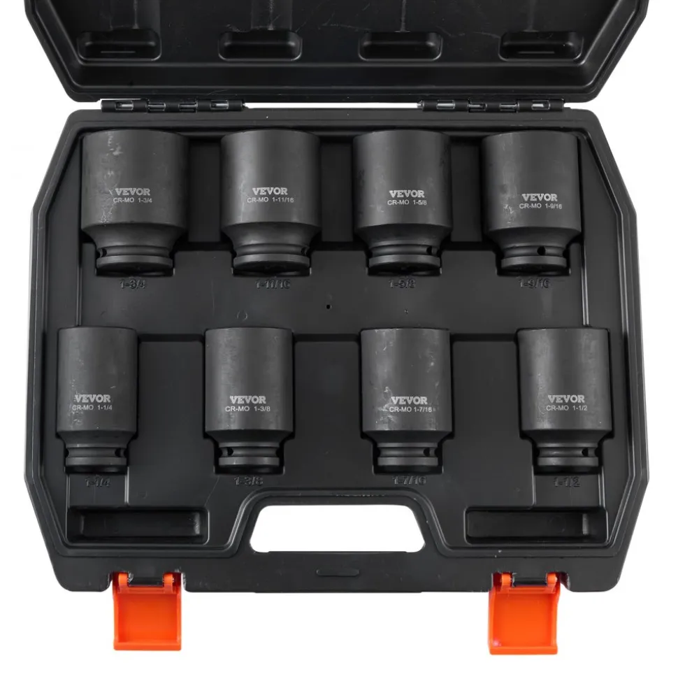 VEVOR Axle Nut Impact Socket Set, 1/2" Drive Deep 12-Point 8-Piece Metric Spindle Nut Socket Set, CR-MO Heat Treated Large Socket Set with Storage Case, Auto Repair, Removing or Installing Axle Nuts