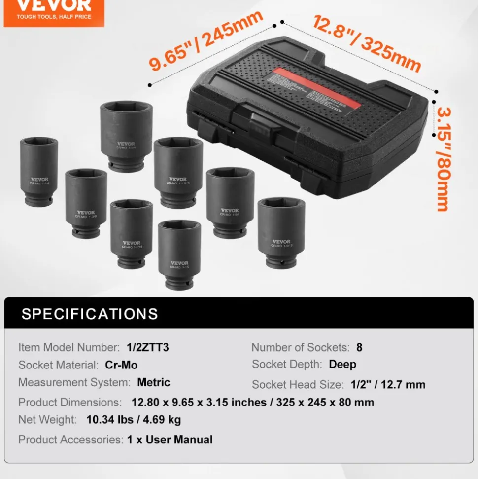 VEVOR Axle Nut Impact Socket Set, 1/2" Drive Deep 12-Point 8-Piece Metric Spindle Nut Socket Set, CR-MO Heat Treated Large Socket Set with Storage Case, Auto Repair, Removing or Installing Axle Nuts