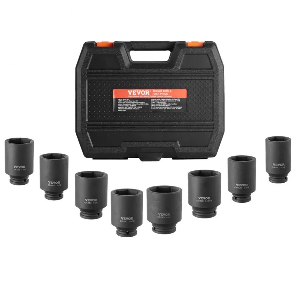 VEVOR Axle Nut Impact Socket Set, 1/2" Drive Deep 12-Point 8-Piece Metric Spindle Nut Socket Set, CR-MO Heat Treated Large Socket Set with Storage Case, Auto Repair, Removing or Installing Axle Nuts