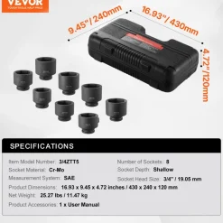VEVOR Axle Nut Impact Socket Set, 3/4" Drive 6-Point 8-Piece SAE Spindle Nut Socket Set, CR-MO Heat Treated Large Socket Set with Storage Case, for Auto Repair, Removing or Installing Axle Nuts