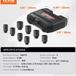 VEVOR Axle Nut Impact Socket Set, 3/4