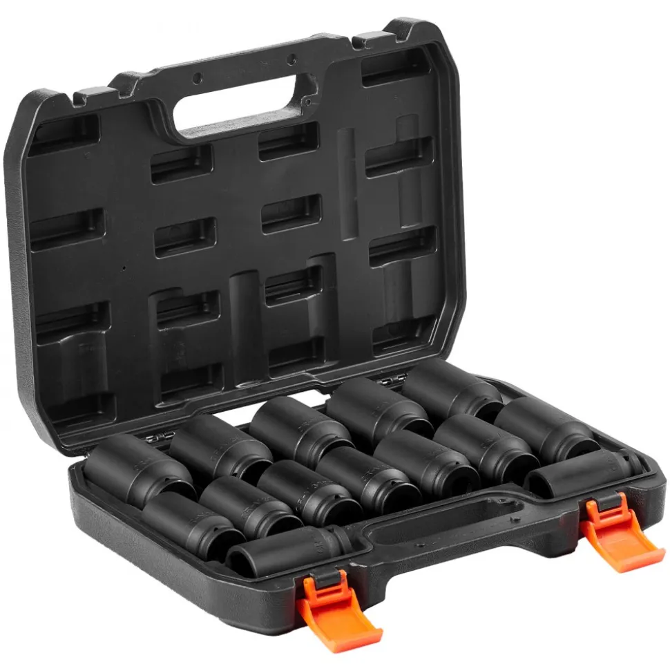 VEVOR Axle Nut Impact Socket Set, 1/2" Drive Deep 6+12-Point 14-Piece Metric Spindle Nut Socket Set, CR-V Heat Treated Large Socket Set with Storage Case, Auto Repair, Removing or Installing Axle Nuts