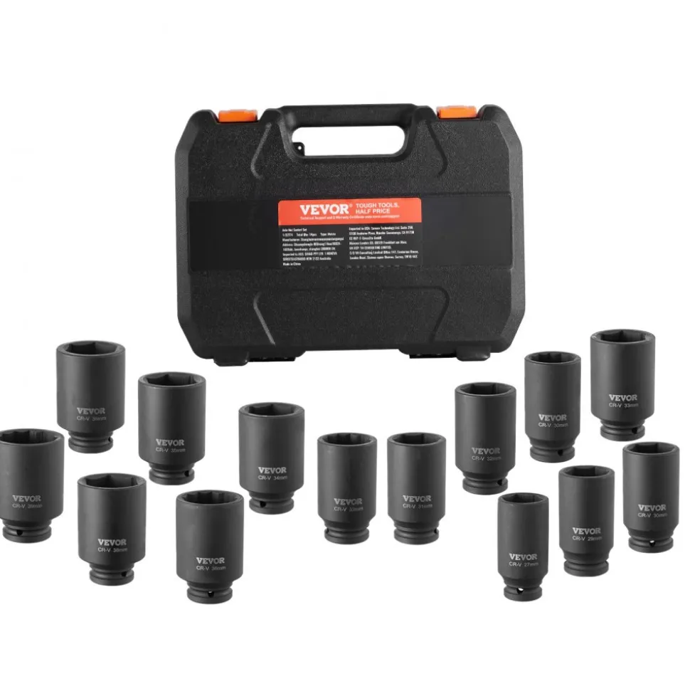 VEVOR Axle Nut Impact Socket Set, 1/2" Drive Deep 6+12-Point 14-Piece Metric Spindle Nut Socket Set, CR-V Heat Treated Large Socket Set with Storage Case, Auto Repair, Removing or Installing Axle Nuts