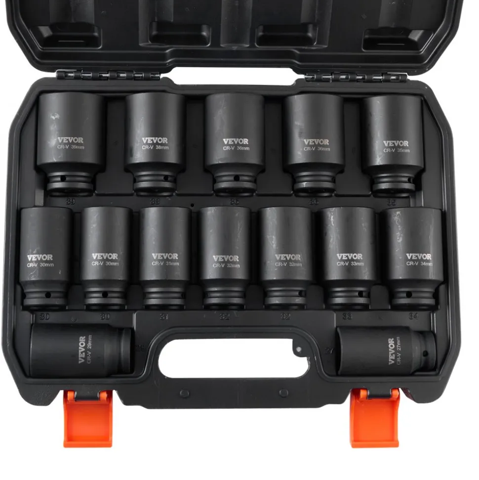 VEVOR Axle Nut Impact Socket Set, 1/2" Drive Deep 6+12-Point 14-Piece Metric Spindle Nut Socket Set, CR-V Heat Treated Large Socket Set with Storage Case, Auto Repair, Removing or Installing Axle Nuts