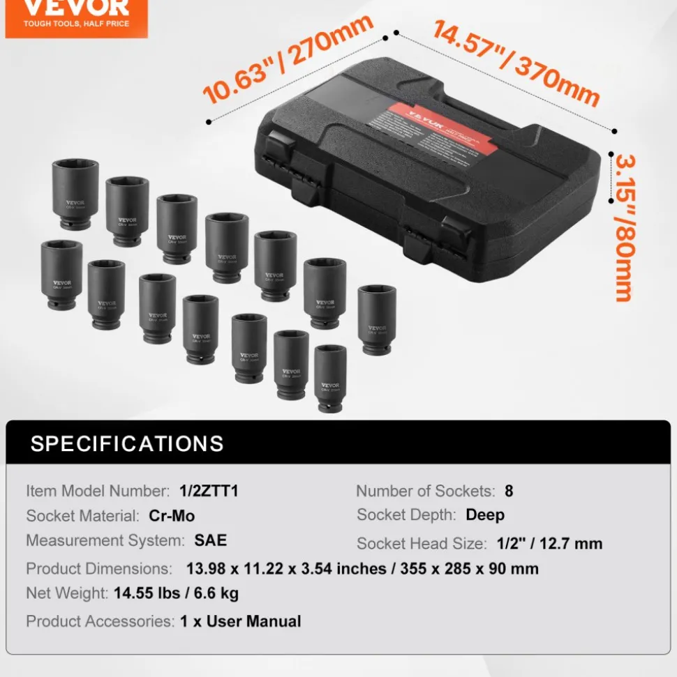 VEVOR Axle Nut Impact Socket Set, 1/2" Drive Deep 6+12-Point 14-Piece Metric Spindle Nut Socket Set, CR-V Heat Treated Large Socket Set with Storage Case, Auto Repair, Removing or Installing Axle Nuts